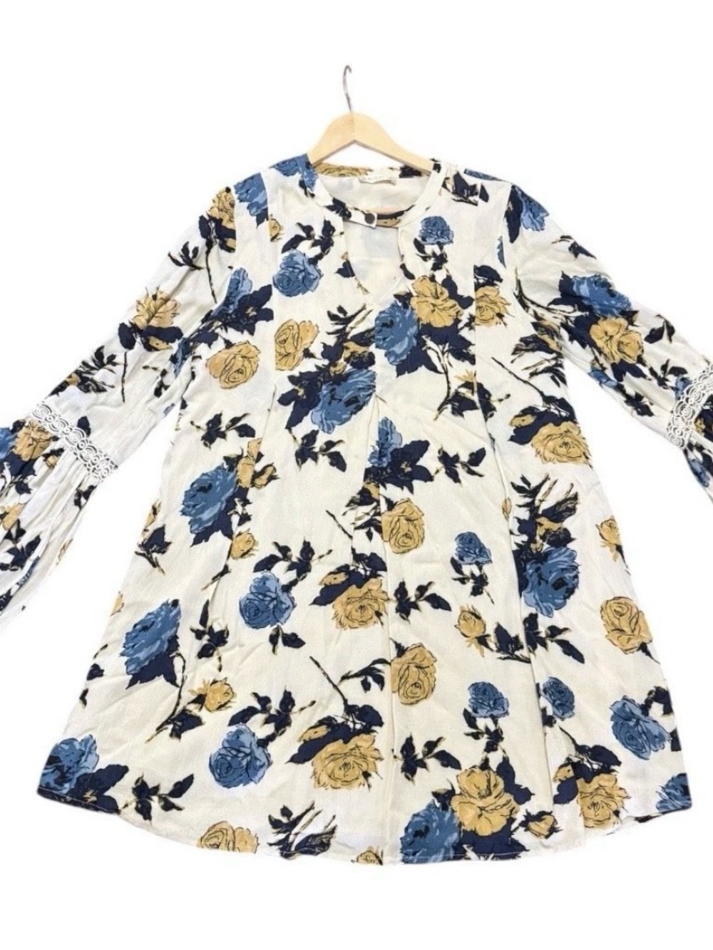 Altar'd State Oatmeal Floral Button-Top with Lace Navy and Mustard Accents Boho - Picture 2 of 6